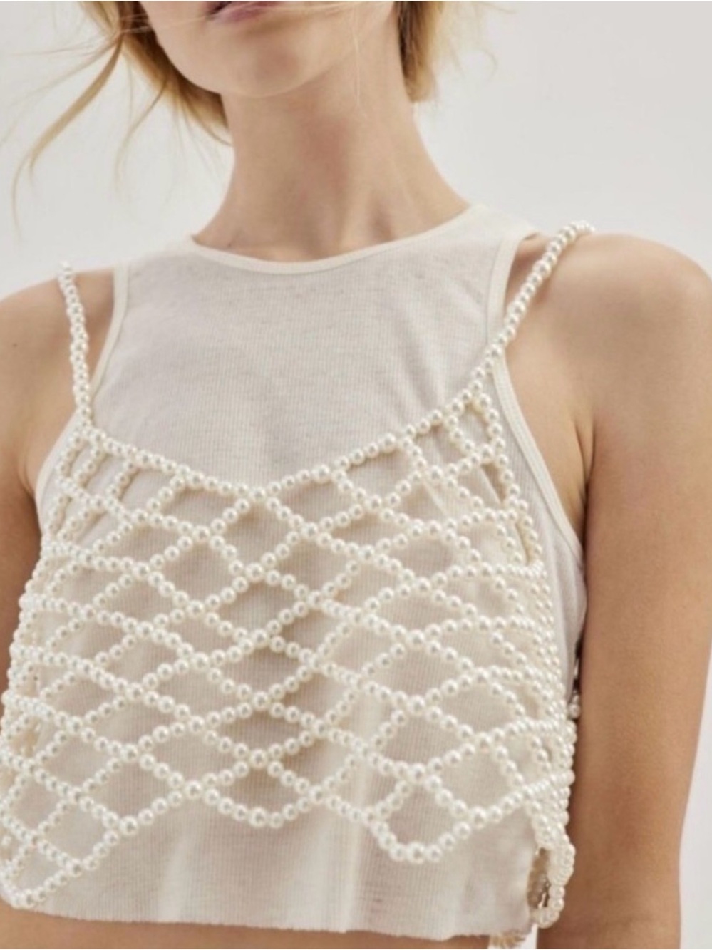Urban Outfitters White Beaded Pearl Net Crop Top